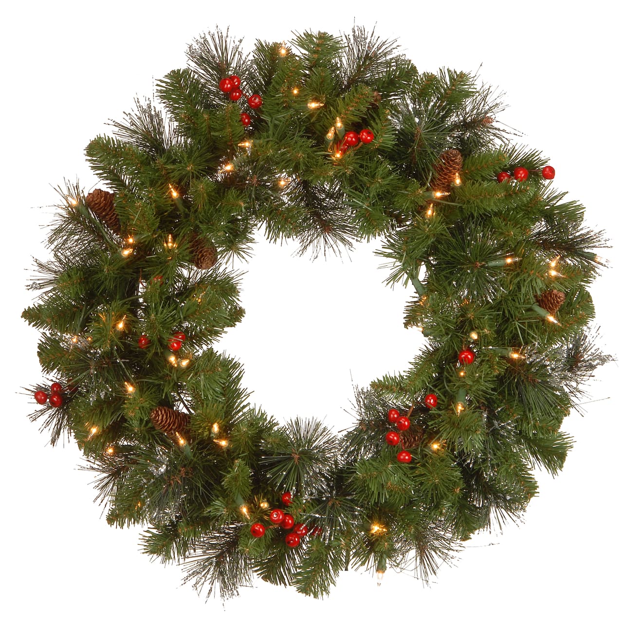 24" Crestwood® Spruce Wreath with Silver Bristle, Pine Cones, Red Berries & Glitter with Clear Lights